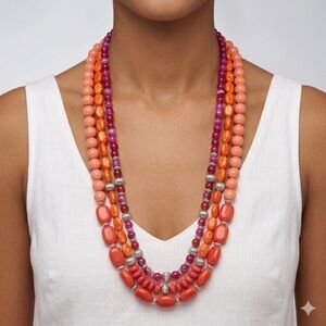Triple Strand Beaded Necklace | Orange Magenta Coral 15”